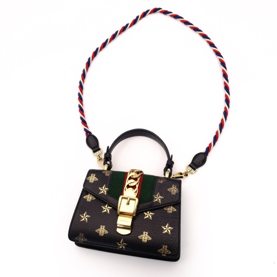 GUCCI Sylvie Handbag Leather Black Multicolor 2-Way Shoulder