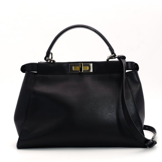 FENDI Peekaboo Handbag 2-Way Leather Black Shoulder Bag 7-5-775
