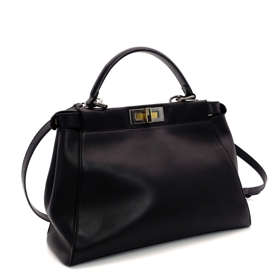 FENDI Peekaboo Handbag 2-Way Leather Black Shoulder Bag 7-5-775