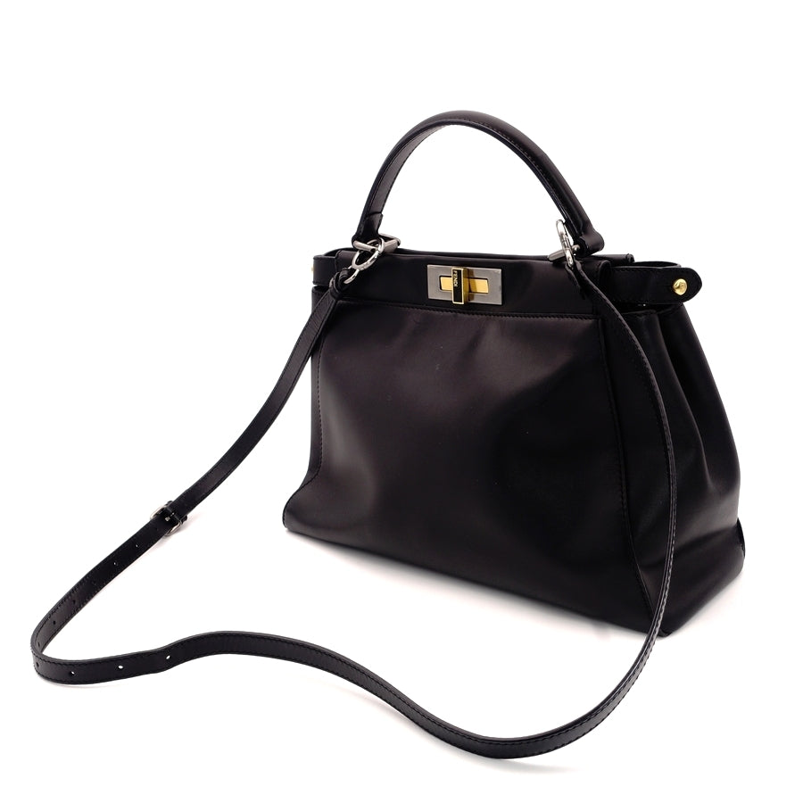 FENDI Peekaboo Handbag 2-Way Leather Black Shoulder Bag 7-5-775