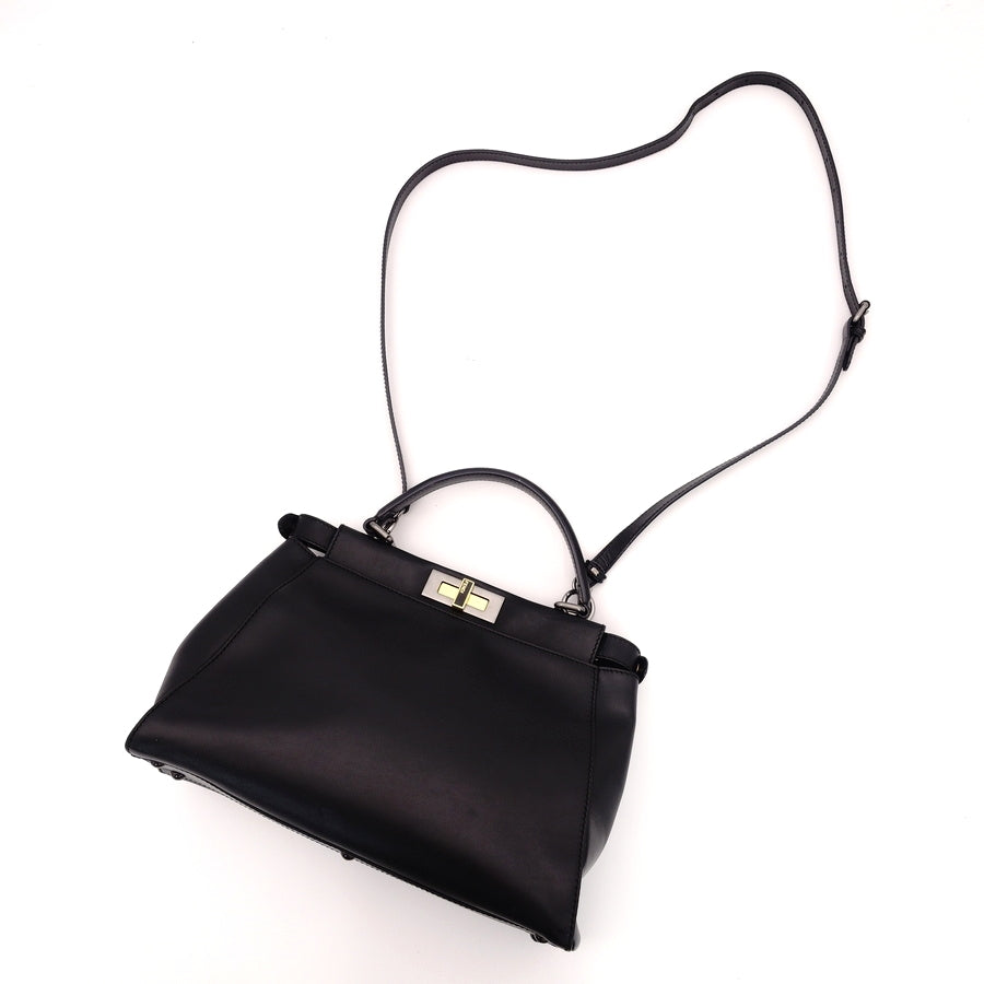 FENDI Peekaboo Handbag 2-Way Leather Black Shoulder Bag 7-5-775