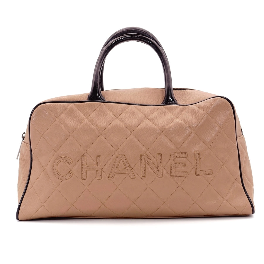 CHANNEL Matelasse Boston Handbag Pink Brown Caviar Skin Logo Leather