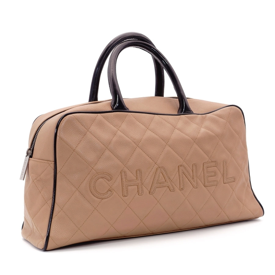 CHANNEL Matelasse Boston Handbag Pink Brown Caviar Skin Logo Leather