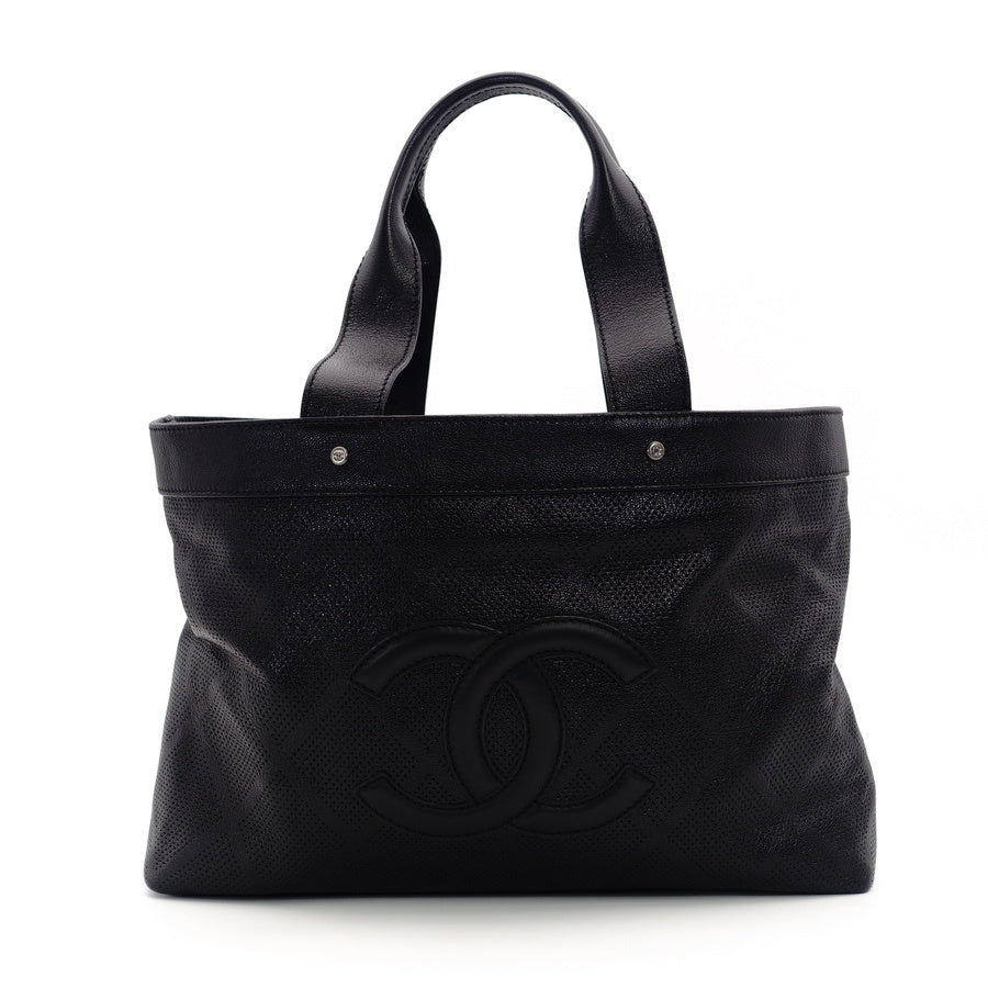 CHANNEL Tote Bag Black Leather Coco Mark Punching