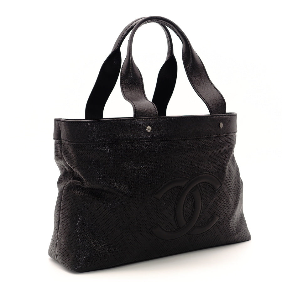 CHANNEL Tote Bag Black Leather Coco Mark Punching