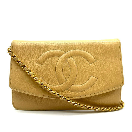 CHANEL Chain Shoulder Bag Caviar Skin Coco Mark Beige