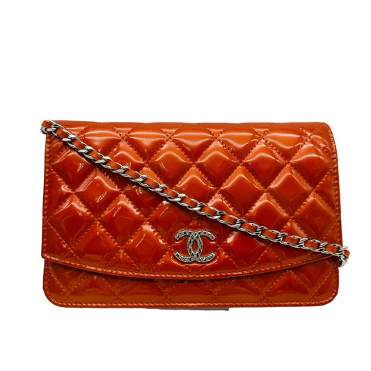 CHANEL Enamel Chain Shoulder Bag Orange Patent Leather