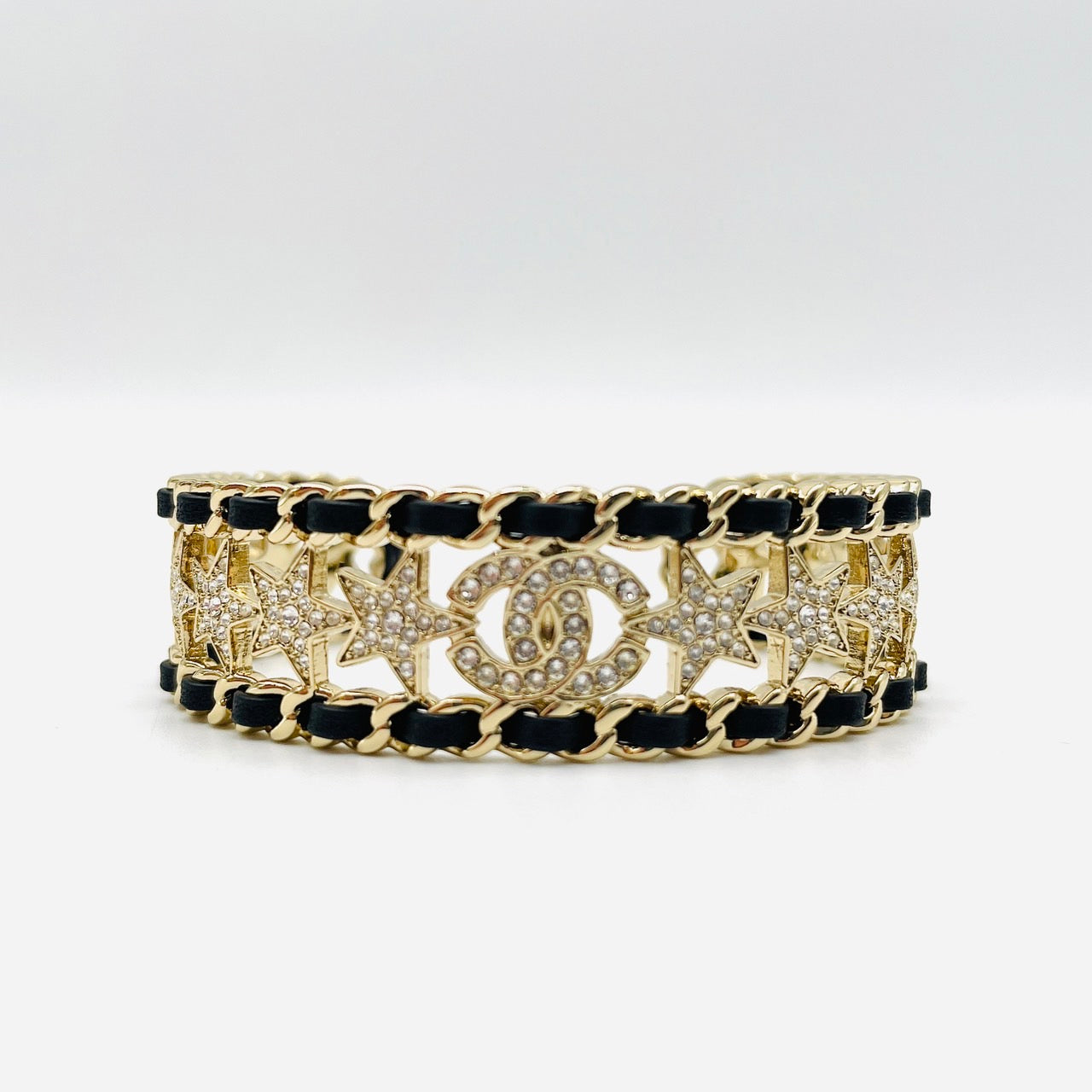 CHANEL Rhinestone Bangle Cuff Bracelet Black