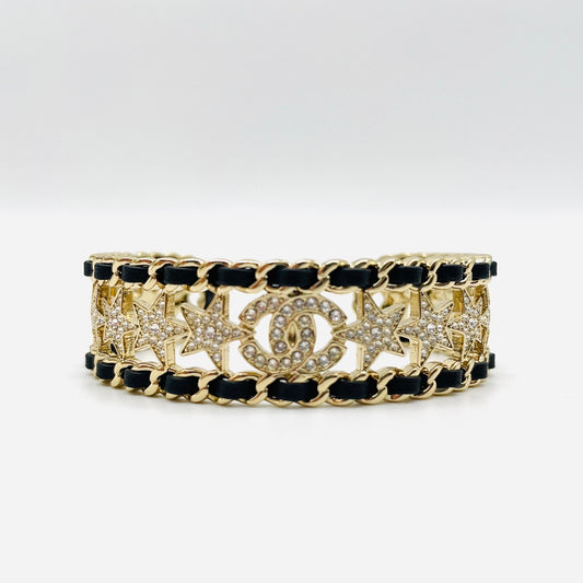 CHANEL Rhinestone Bangle Cuff Bracelet Black