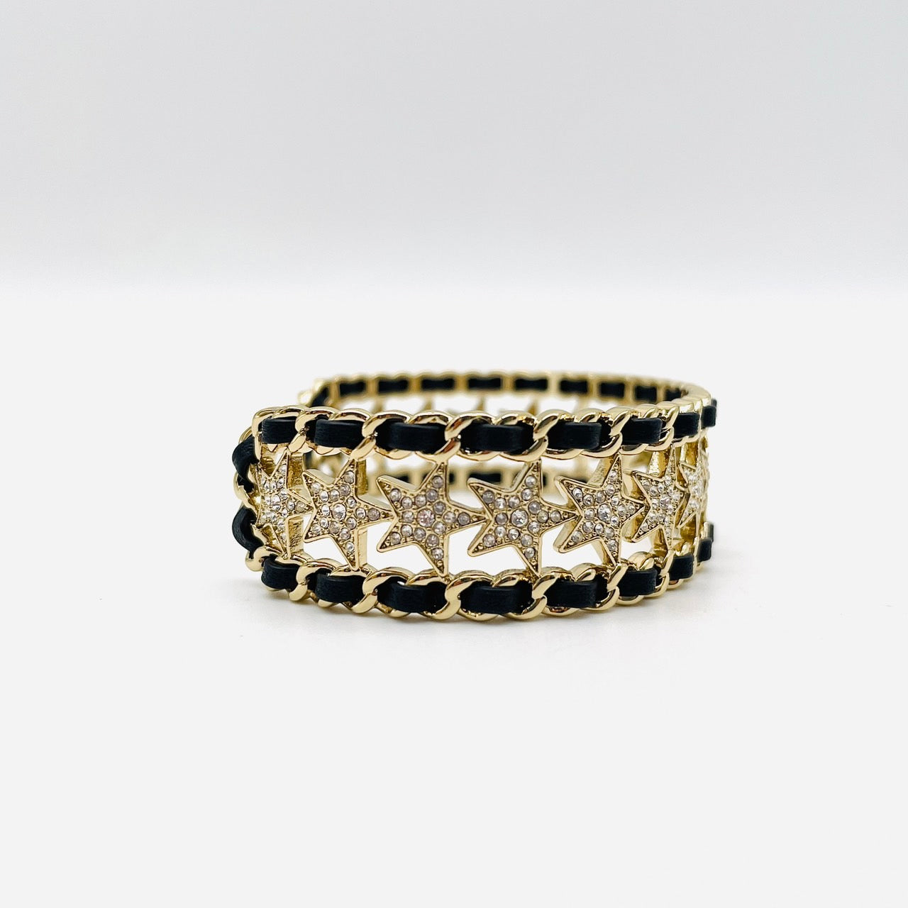 CHANEL Rhinestone Bangle Cuff Bracelet Black