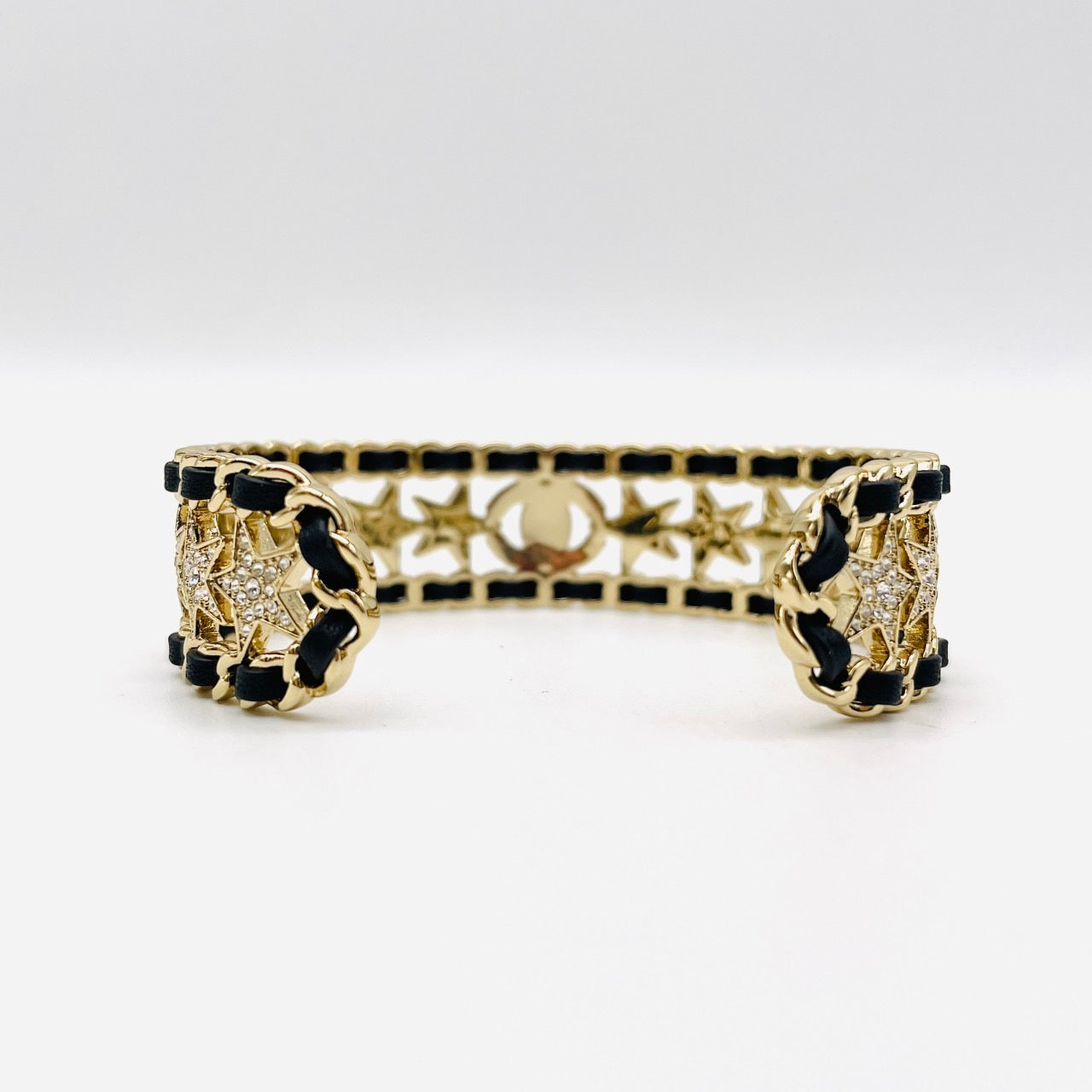 CHANEL Rhinestone Bangle Cuff Bracelet Black