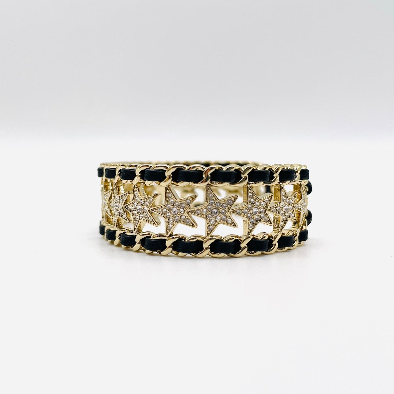 CHANEL Rhinestone Bangle Cuff Bracelet Black