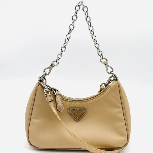 PRADA Triangle logo beige nylon shoulder bag