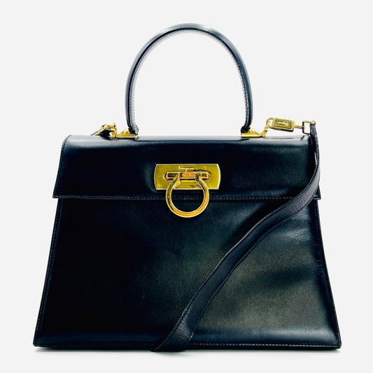 Salvatore Ferragamo 2Way Gancini Black Chain Leather Hand Bag