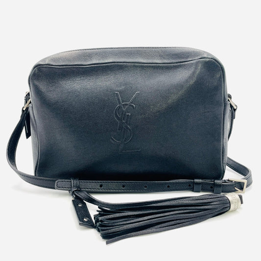 YVES SAINT LAURENT Fringe Shoulder Leather Black Logo Bag