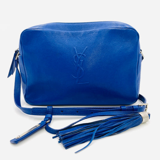 YVES SAINT LAURENT Fringe Shoulder Leather Blue Logo Bag