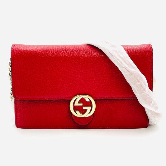 GUCCI Chain Leather Shoulder Bag Red