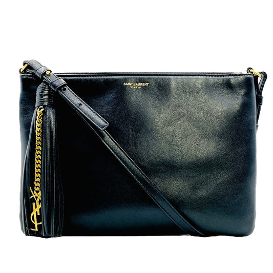 YVES SAINT LAURENT Fringe Shoulder Leather Black Bag