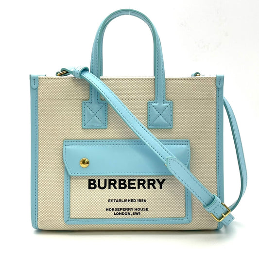 BURBERRY Freya Tote Canvas 2 Way Hand Bag Beige Blue