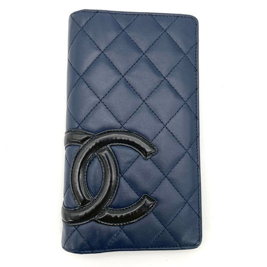 CHANEL Cambon Lamb Skin Long Wallet Navy