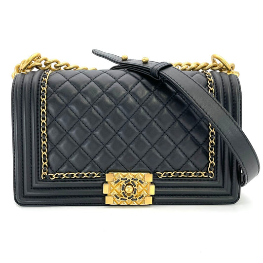 CHANEL Boy Chanel Lambskin Black & Gold Gold Hardware