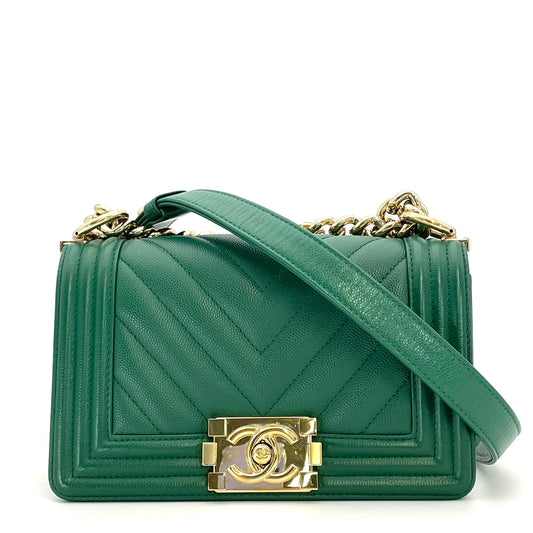 CHANEL Boy Chanel small Caviar Skin Green Gold Hardware