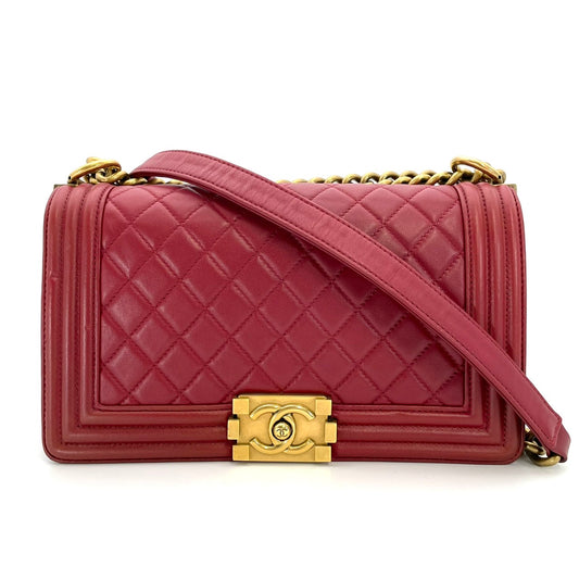CHANEL Boy Chanel Lambskin Red Gold Hardware