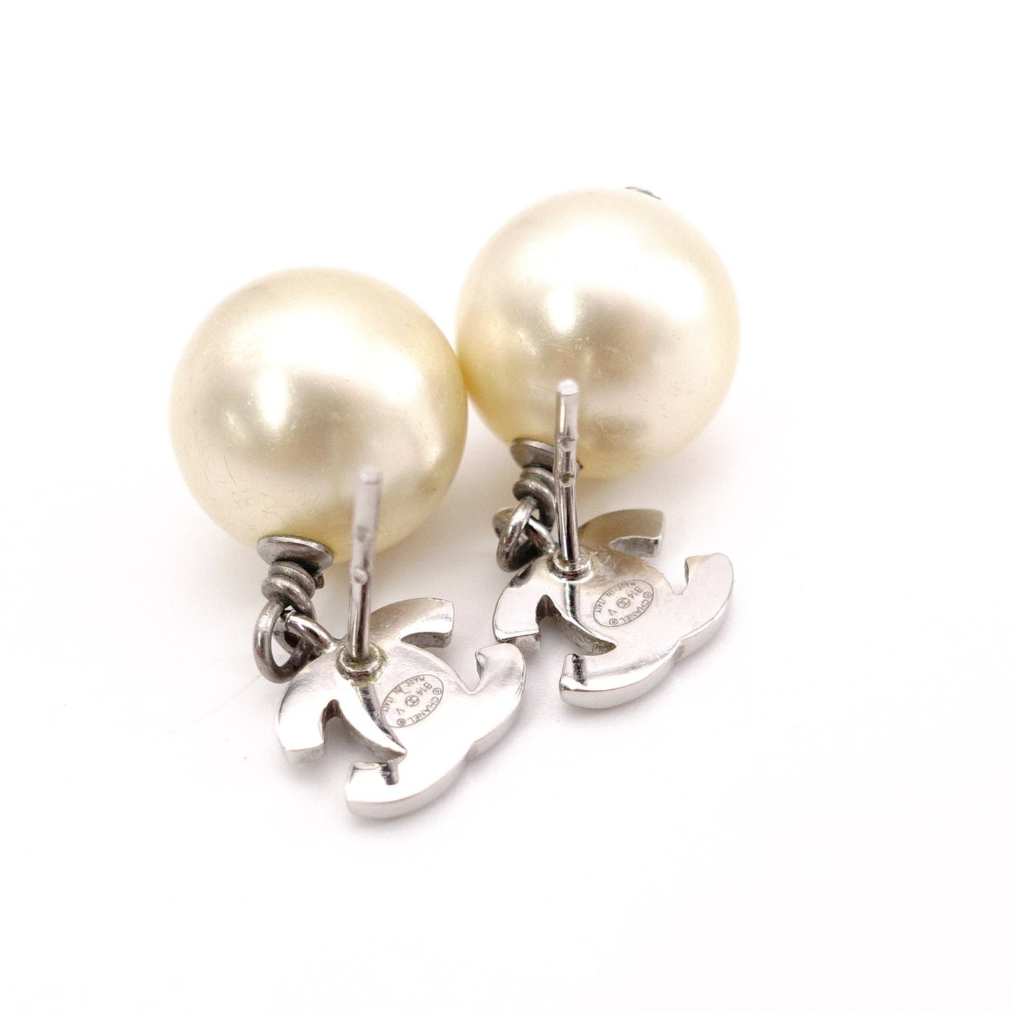 CHANEL Coco Logo Drop Pearl Earrings, Metal, Faux Pearls, Silver
