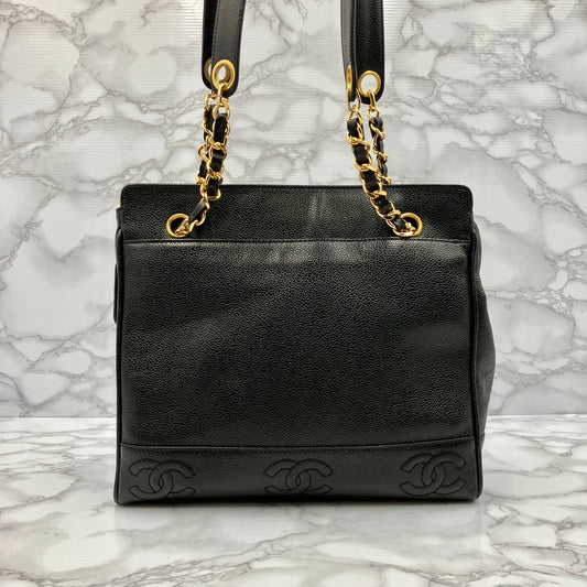 CHANEL Caviar skin triple coco chain tote bag