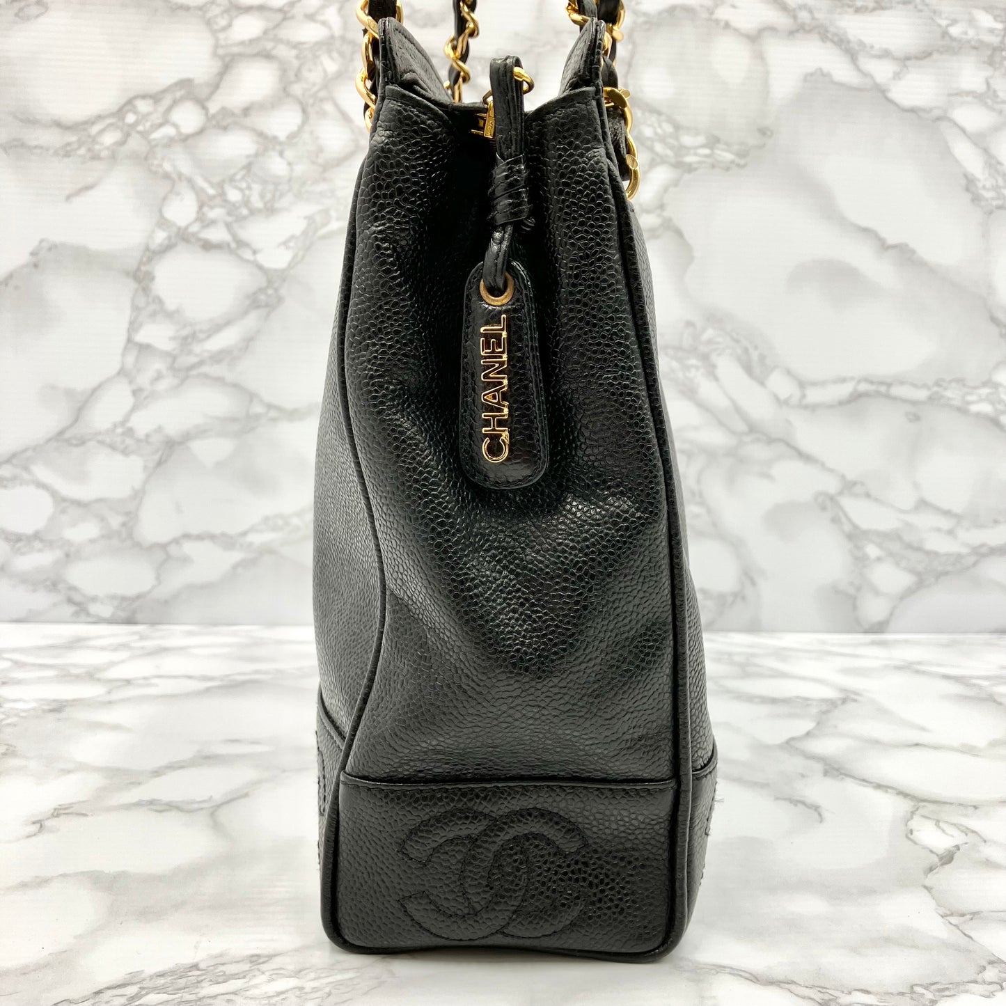 CHANEL Caviar skin triple coco chain tote bag