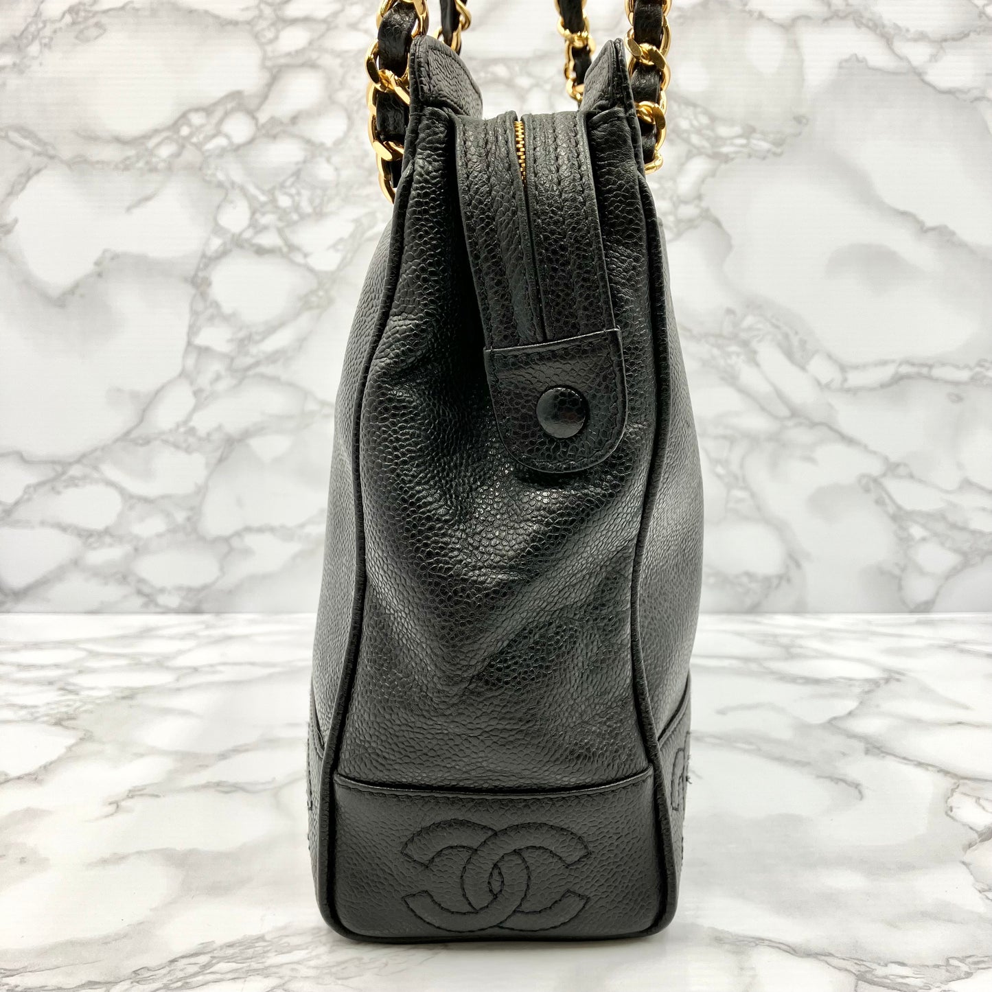 CHANEL Caviar skin triple coco chain tote bag